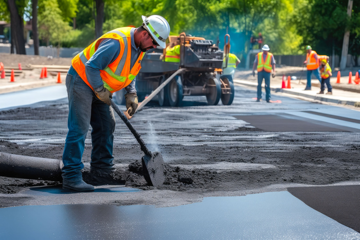 Male construction worker lays asphalt road repair road paving. A man in overalls is laying asphalt with a shovel