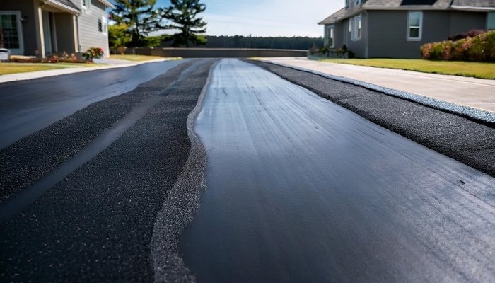 freshly applied black sealcoat glistens on a newly restored asphalt driveway with clean edges