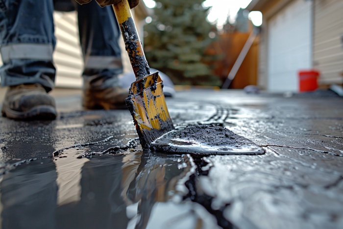 Applying tar sealant to fix fissures on pavement.