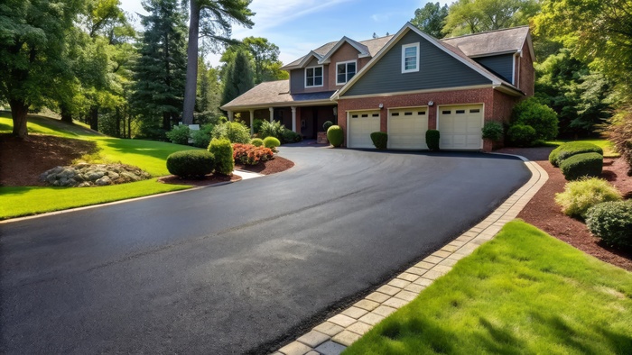 Freshly applied black sealcoat glistens on a newly restored asphalt driveway