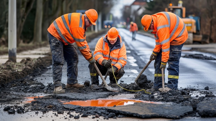 Team of workers repairing potholes