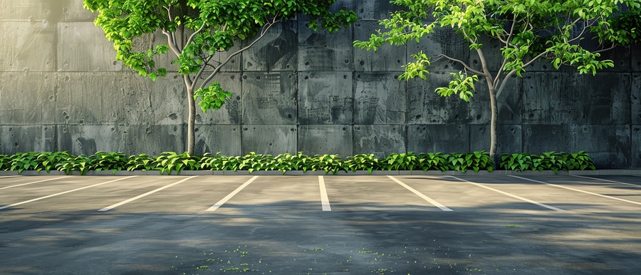 Empty parking lot with green trees and concrete wall