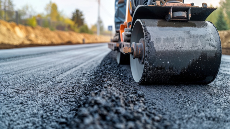 Asphalt roller compactor smoothing freshly laid pavement by Sunshine Services Unlimited.
