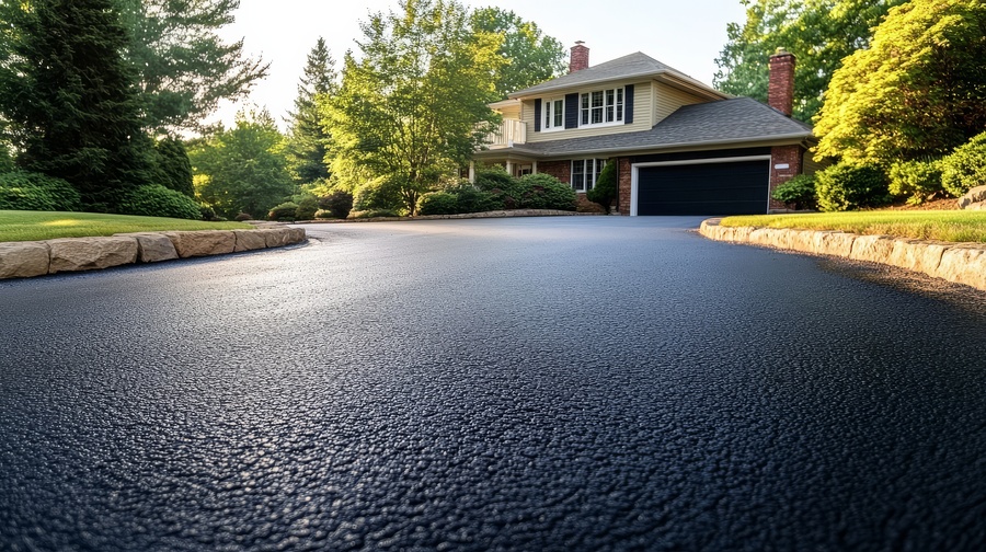 Newly restored asphalt driveway with freshly applied black sealcoat and a smooth, glossy finish
