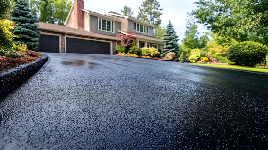 Freshly coated asphalt surface with smooth, jet-black finish applied by Sunshine Services Unlimited.